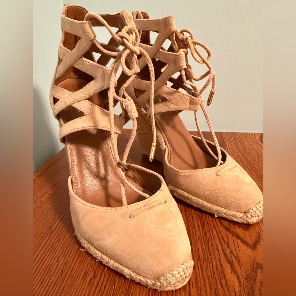Aquazzura Firenze Suede Espadrilles Nude Wedge, Size 36